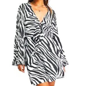 Asos Zebra White Grey Long Sleeve V Neck Mini Cullote Dress Size 4 NWOT